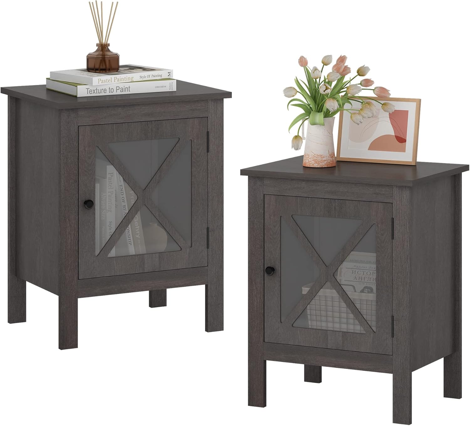 JAXPETY Set of 2 Modern Wood Nightstand, Bedside Table with X-Design Glass Door, Bedside Furniture, Night Stand, End Table, Side Table with Rustic Style for Home Bedroom(2-Pack, Grey)