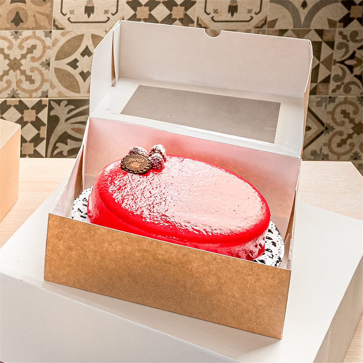 50 pezzi - Scatole per pasticceria con finestra 'Thepack' 240 G/M2 + Opp 23 x 23 x 7,5 cm naturale cartone ondulato Nano-Micro