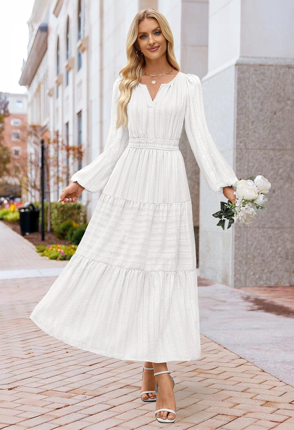 MEROKEETY Winter Spring Midi Dresses for Women 2026 Casual Vacation Long Sleeve V Neck Tiered Cotton Maxi Dress Pockets - Image 6