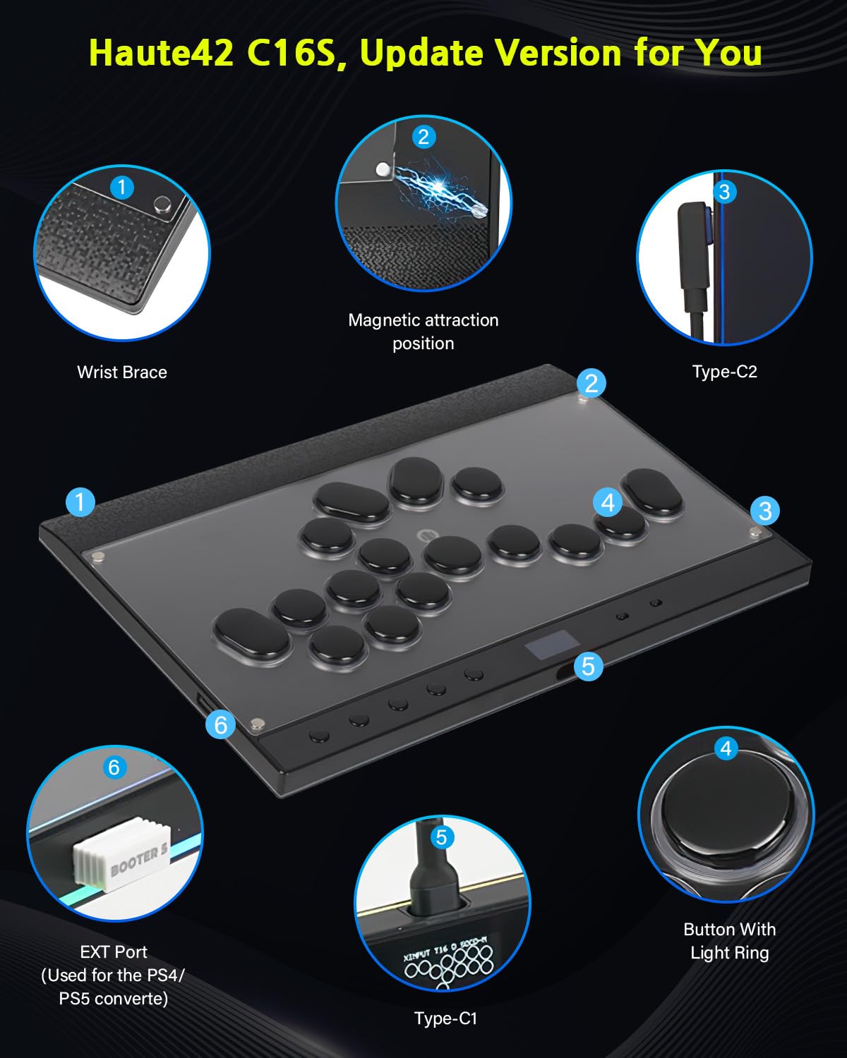 Semaiki Arcade Stick, C16S Arcade Controller mit Turbo und benutzerdefiniertem RGB, Arcade Fight Stick für Switch/PC/PS4/PS3, unterstützt Hot-Swap und SOCD