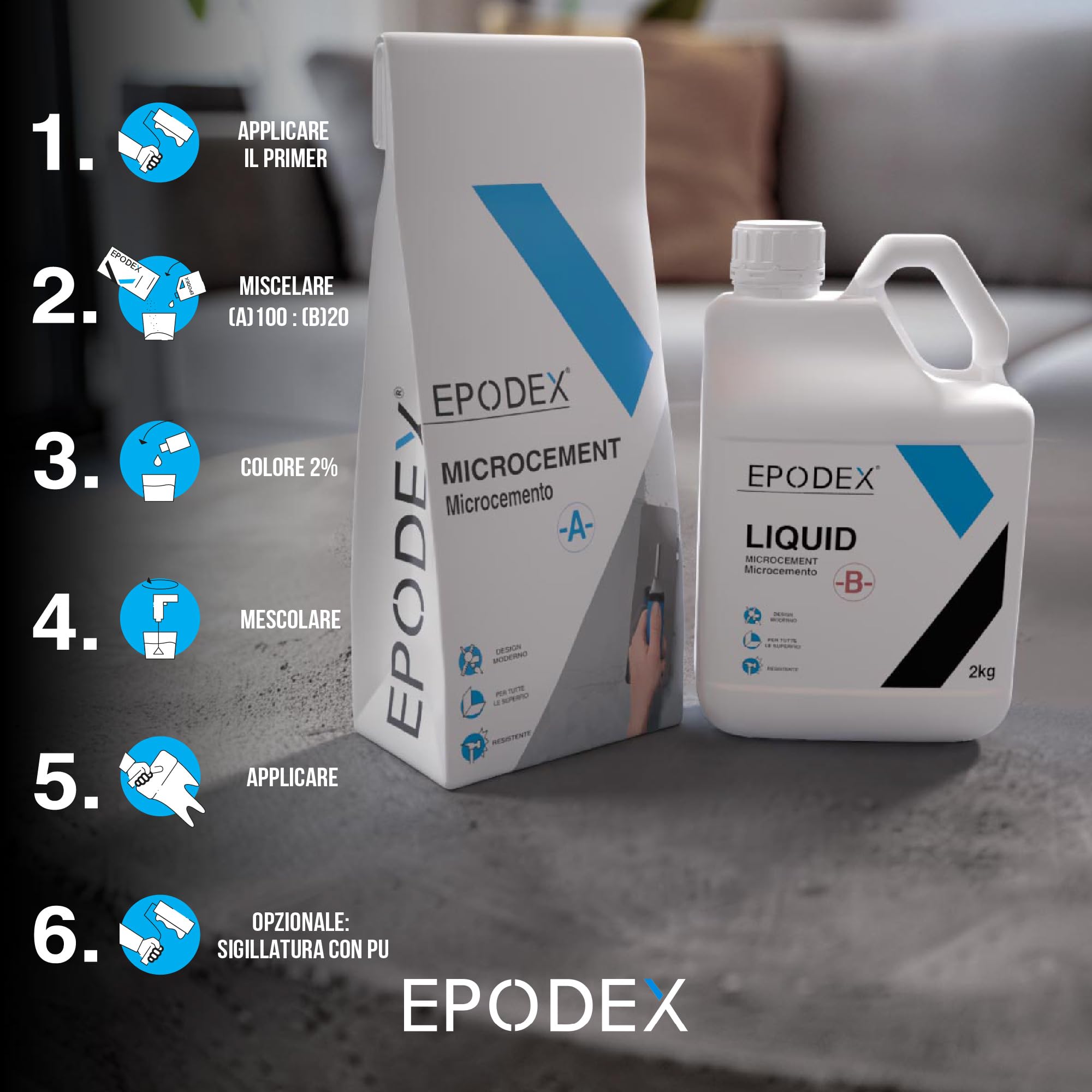 EPODEX® Microcemento per pareti, porte e mobili | Grana media + media | Acquista microcemento di qualità premium per superfici di tutti i tipi | facciate, porte, finestre, mobili e molto altro ancora