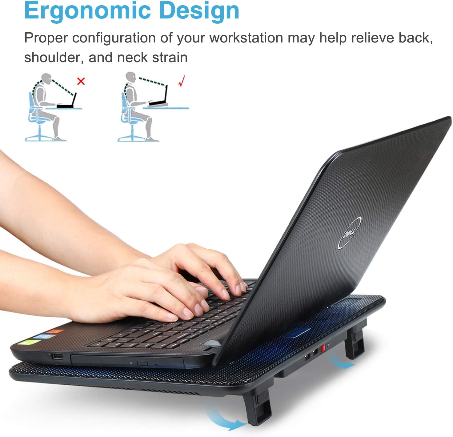 TECKNET Laptop Cooling Pad, Portable Slim Quiet USB Powered Laptop Notebook Cooler Cooling Pad Stand Chill Mat with 3 Blue LED Fans, Fits 12-17 Inches (Black) : Electronics