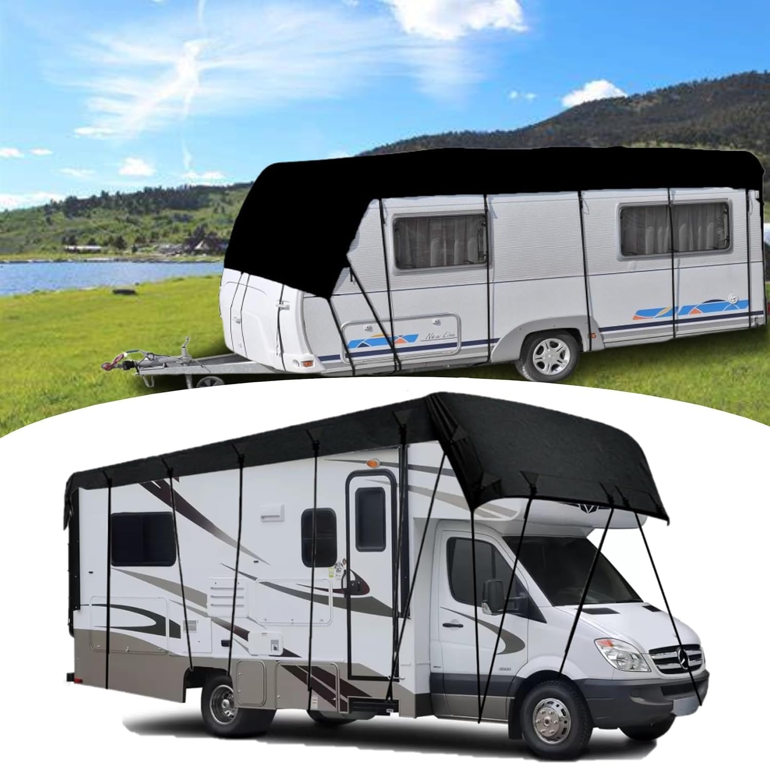 RV Cover 18-22 FT Travel Trailer Camper Cover, 210D Heavy Duty RV Roof Cover, RV Tarp All Weather Waterproof for Roof Only-Snow Proof, Wind and Rain- RV Tarp