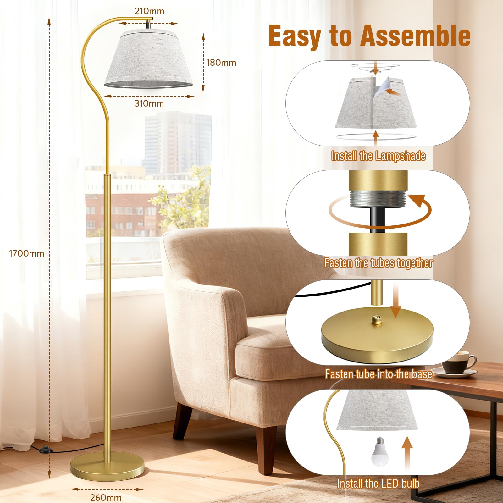 BBHome Lámpara de Pie para Salon, Lámpara de Arco con Pantalla e Interruptor de pie, Lampara pie Moderna con Bombilla LED de 9W, Lampara Salon E27 de 170 cm para salón, dormitorio (Dorado)