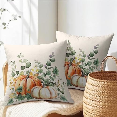 Miniatura 5 de Juego de 2 fundas de almohada de otoño de 18 x 18 pulgadas, diseño de calabaza, hojas verdes salvia, para exteriores, para sofá de Acción de