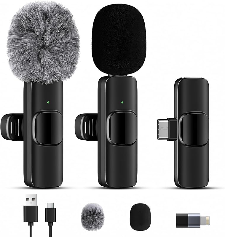Microfono lavalier wireless per iPhone/iPad/Android (confezione da 2), mini microfono con Lightning e USB-C, cancellazione del rumore, plug play per registrazione video, interviste, podcast