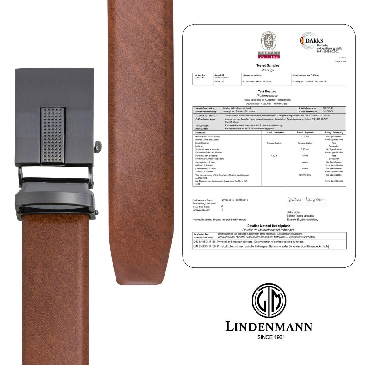 Lindenmann Cintura in pelle per uomo cintura in pelle di mucca, 33 mm di larghezza e 3,6 mm forte, regolabile, cintura, cintura in pelle, cintura classica, autobloccante, cognac