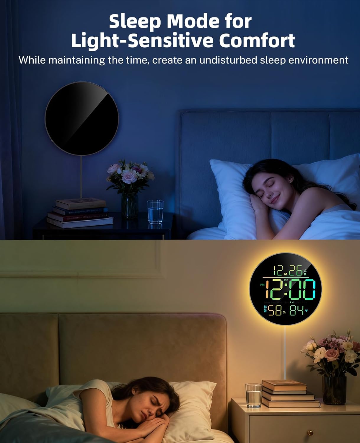 Digital Wall Clock for Classroom, Bedroom, Round 10-Inch Clock Large Display with RGB Color, Night Light, Remote Control, Temperature, Auto Brightness, Volume Control (Adapter Included)