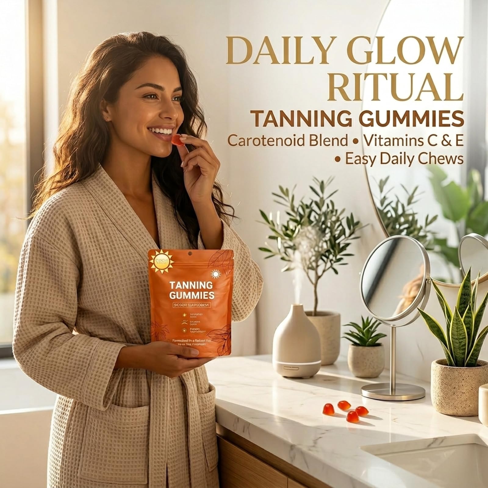Tanning Gummies For Women, 2026 Abbronzatura Rapida Senza Sole, Astaxantina, Miscela di Beta-Carotene e Licopene, Luminosità e Idratazione Della Pelle per un Bagliore Naturale, 60 PC，3