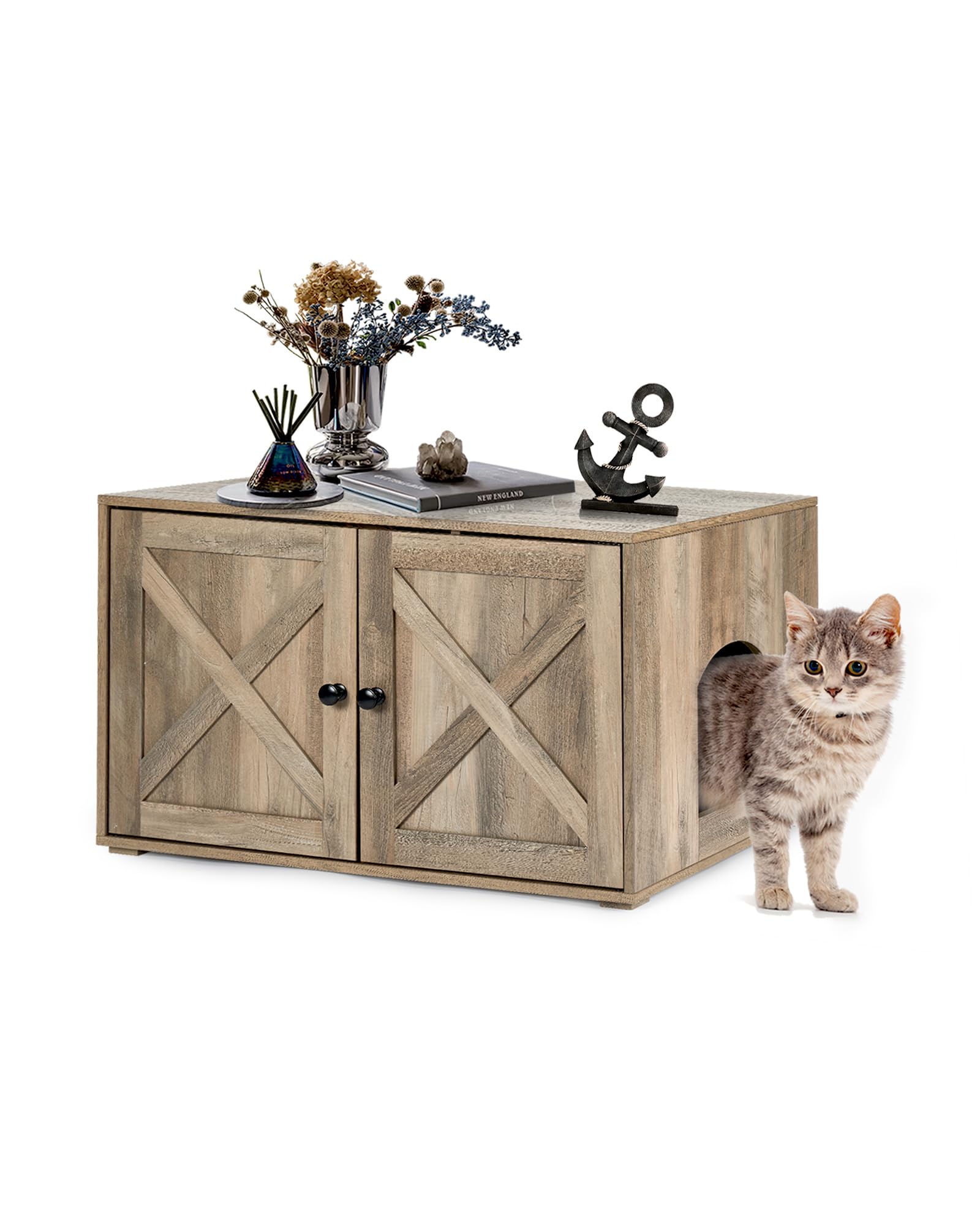 Cat Litter Box Enclosure, 32 inch Hidden Litter Box Furniture with Divider,  Wooden Kitty Litter Box Cabinet End Side Table, Greige - Main Image