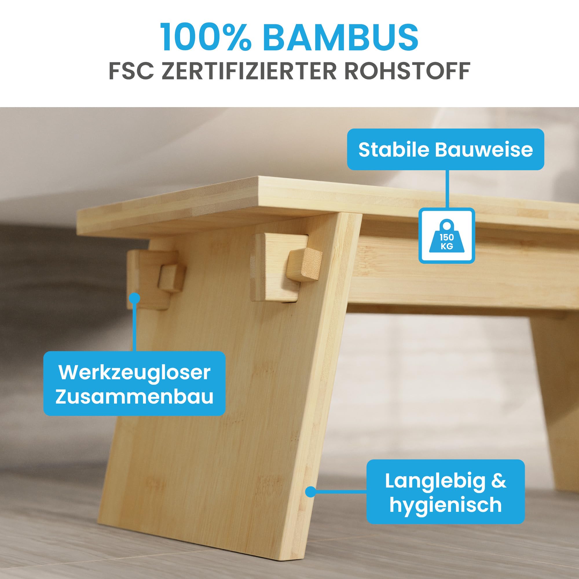 Bächlein Badhocker Doura – Ergonomischer Holz-Toilettenhocker aus FSC-zertifiziertem Bambus, 150 kg Traglast, Nachhaltig & Stabil