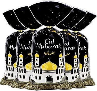 Eid Mubarak Goodie Bags, 100 Pieces Muslim Castle Moon Star Pattern Ramadan Treat Bags Cellophane Bags Goody Favor Bags with Gold Twist Ties for Muslim Islamic Eid Iftar Diwali Party Kids Gifts -