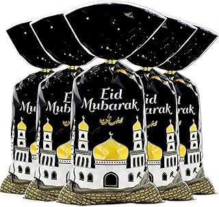 Eid Mubarak Goodie Bags, 100 Pieces Muslim Castle Moon Star Pattern Ramadan Treat Bags Cellophane Bags Goody Favor Bags with Gold Twist Ties for Muslim Islamic Eid Iftar Diwali Party Kids Gifts -