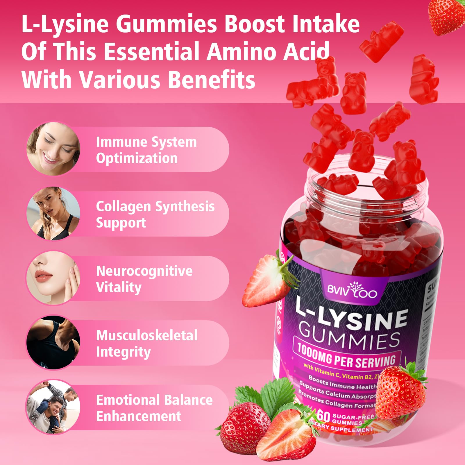 L-Lysine 1000mg Gummies for Immune Support & Skin Health - High Potency Vegan Gummies, Sugar-Free, Natural Berry Flavor, Gluten-Free Chewable Supplement for Adults & Kids - 60 Gummiess — Amazon image 3