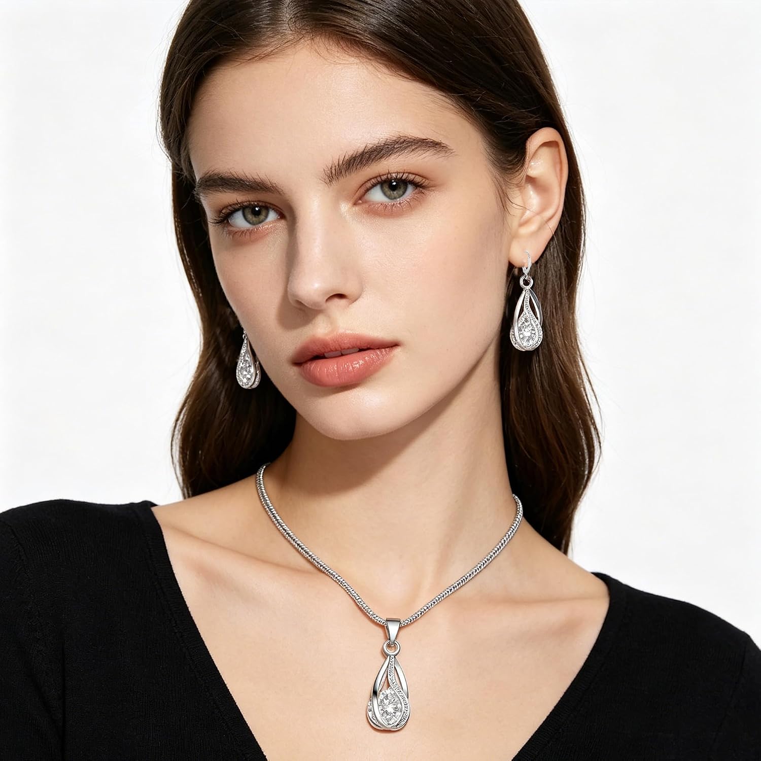 Crystal Jewelry AlloyTeardrop Pendant Necklace Drop Earrings Set Elegant Sapphire Color Jewelry for Women image 3