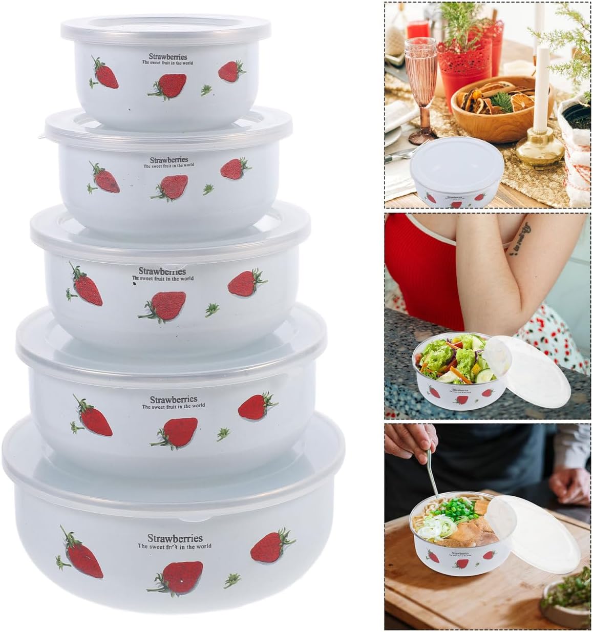 Unomor 5Pcs Enamel Mixing Bowls with Airtight Lids Strawberry Patterned Food Storage Containers for Leftovers Nesting Soup Bowls for Kitchen Camping