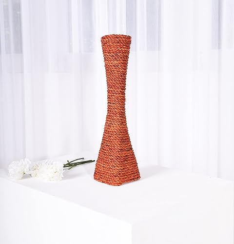 Miniatura 10 de Leewadee Jarrón grande de piso soporte para flores hecho a mano de bambú y basta, sofisticado embudo para ramas decorativas, 16 pulgadas, marrón y