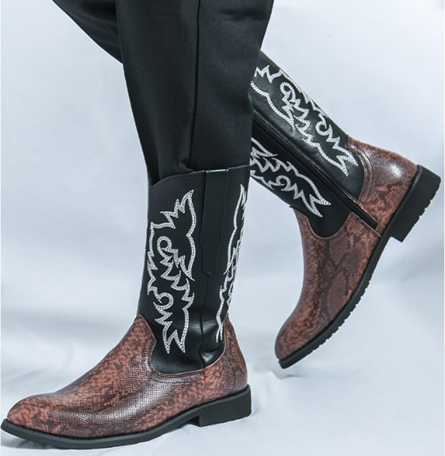 Stivali da Cowboy Uomo Stile Western Stampa Serpente Pelle | Sintetica Ricamati Stivaletti con Cerniera Laterale Suola in Gomma