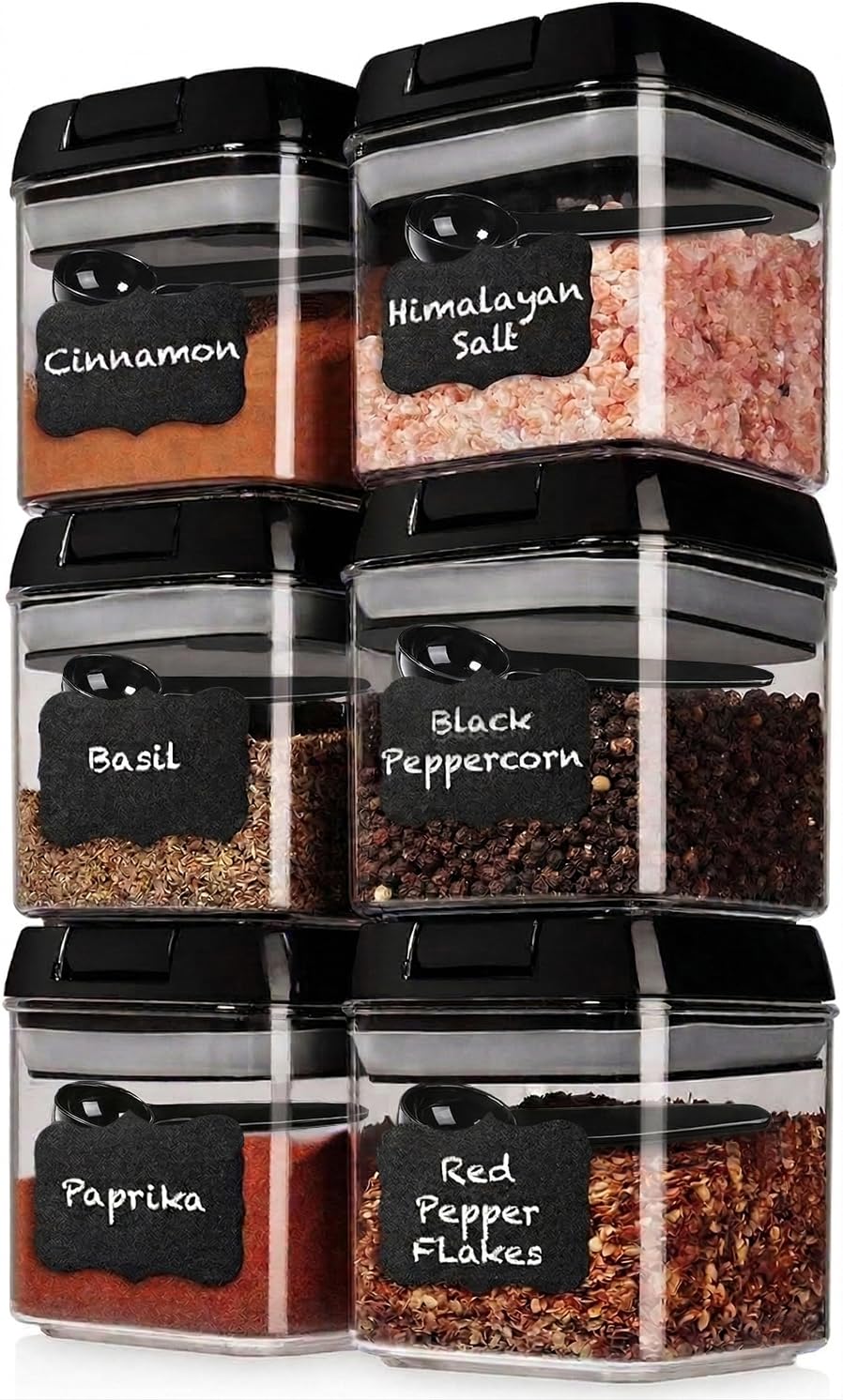 Shazo Juego de 6 mini recipientes herméticos + 6 cucharas, recipientes de plástico transparente duraderos para almacenamiento de alimentos con tapas, recipientes de despensa para armario de cocina