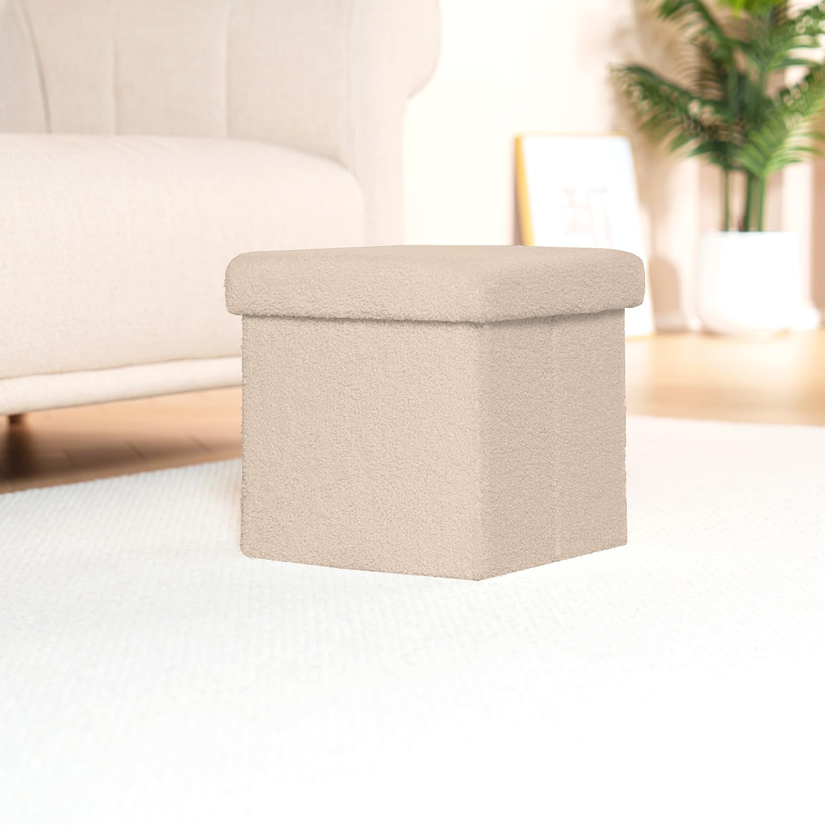 Bonlife Pouf Contenitore, Portaoggetti Piccolo Baule, Poggiapiedi Pieghevole Cubo, Cassapanca, per Ingresso, Soggiorno e Camera da Letto, Beige, 32x32x32 cm