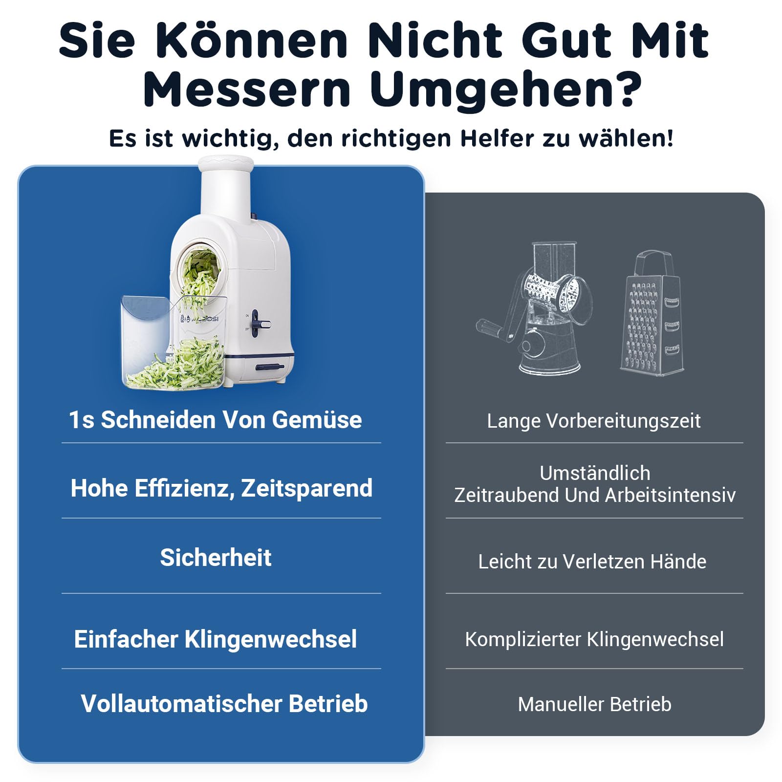 Gemüseschneider Elektrisch, AAOBOSI Elektrischer Gemüseschneider mit Aufbewahrungsbox, großem Einfüllschacht zum ganzer Karotten, Kartoffeln, 3 Einsätze und leisem Motor-Upgrade