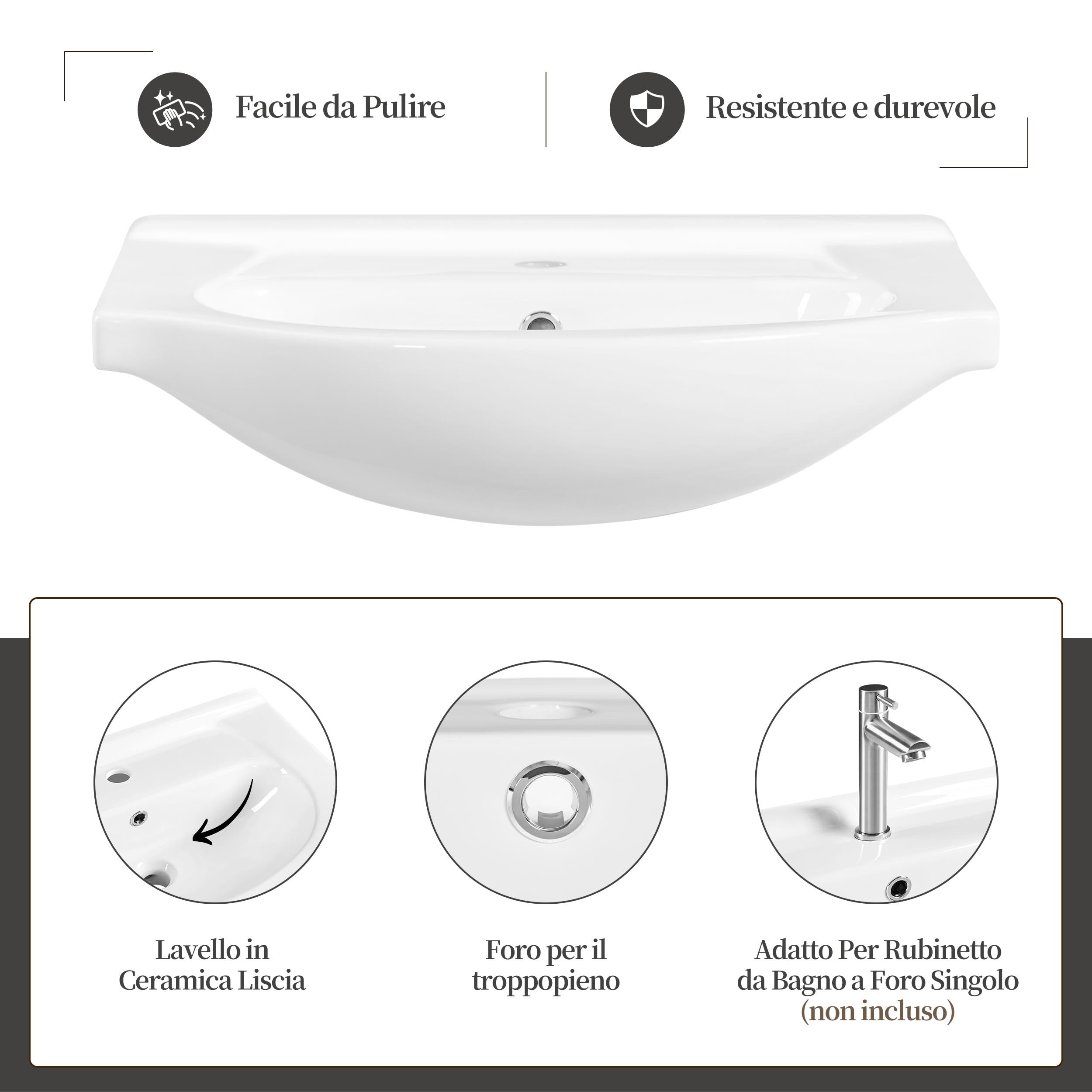Yaheetech Mobile Bagno con Lavabo in Ceramica Armadietto a Terra con Lavandino Set Mobile da Bagno Moderno 61 × 43,5 × 84 cm Bianco