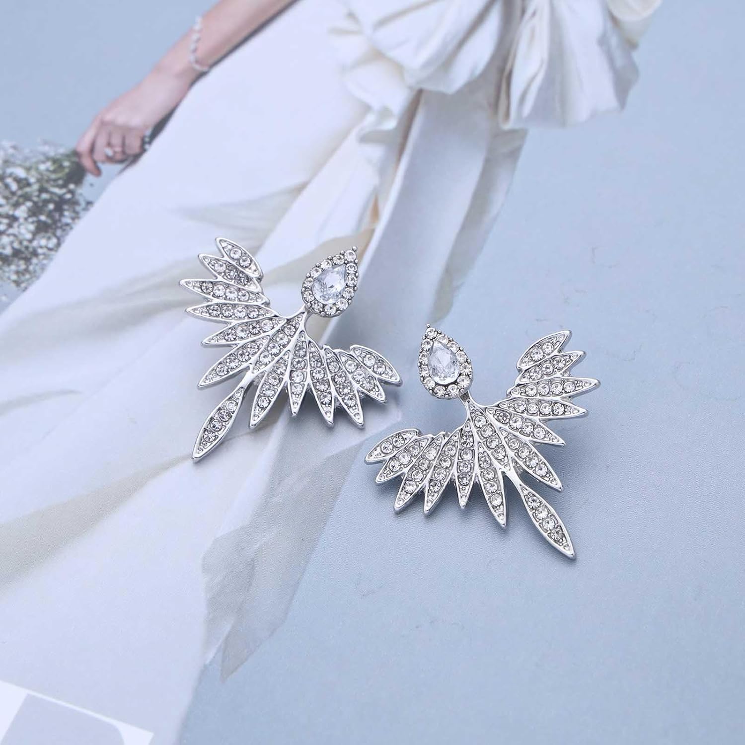 Vintage Crystal Lotus Ear Jacket Earrings Rhinestone Lotus Stud Earrings Silver Cz Lotus Ear Climber Earrings Crystal Curved Earrings Crystal Wing Ear Jacket Earrings for Women - Image 5