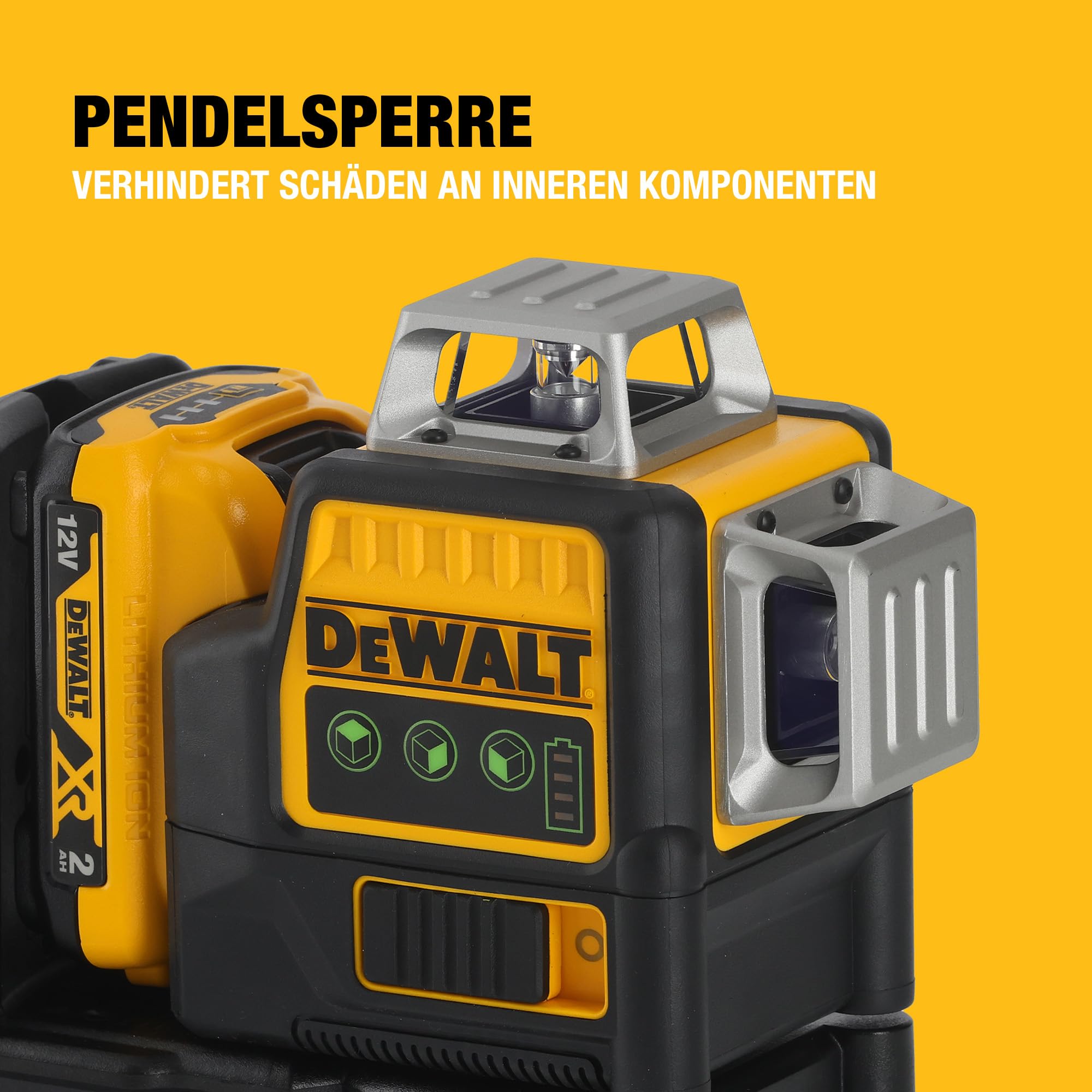 DEWALT XR 3 x 360° Akku-Multilinien-Laser grün (Selbstnivellierender Laser, mit Pulsmodus für Empfängereinsatz, Schutzklasse IP65, inkl. 12 Volt 2 Ah Akku und Ladegerät), DCE089D1G-QW