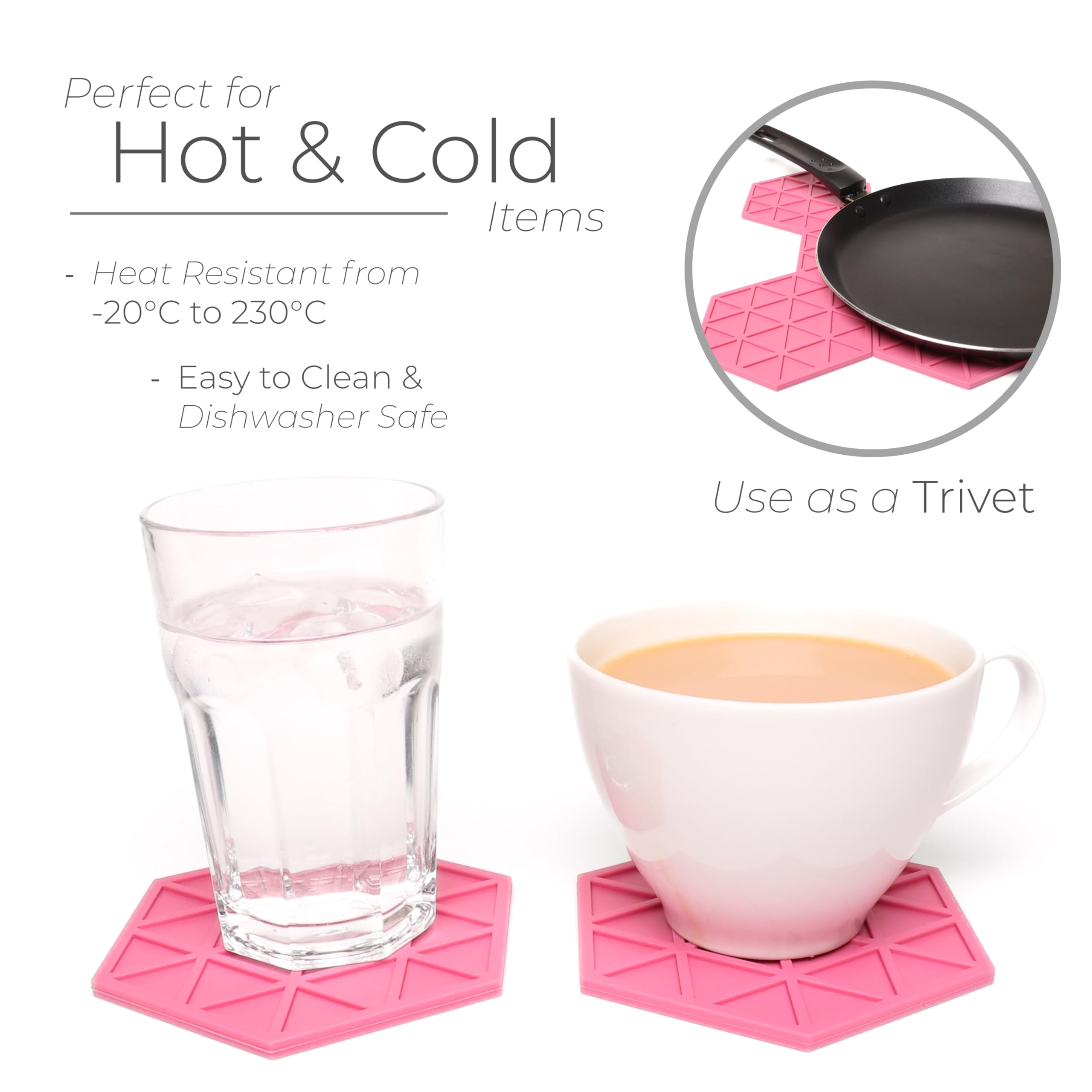 Pink Silicone Drinks Coasters set of 6 by Stone & Thyme, a UK Brand. Scandinavian Style Hexagon Coasters, Non Slip, Heatproof - Image 4