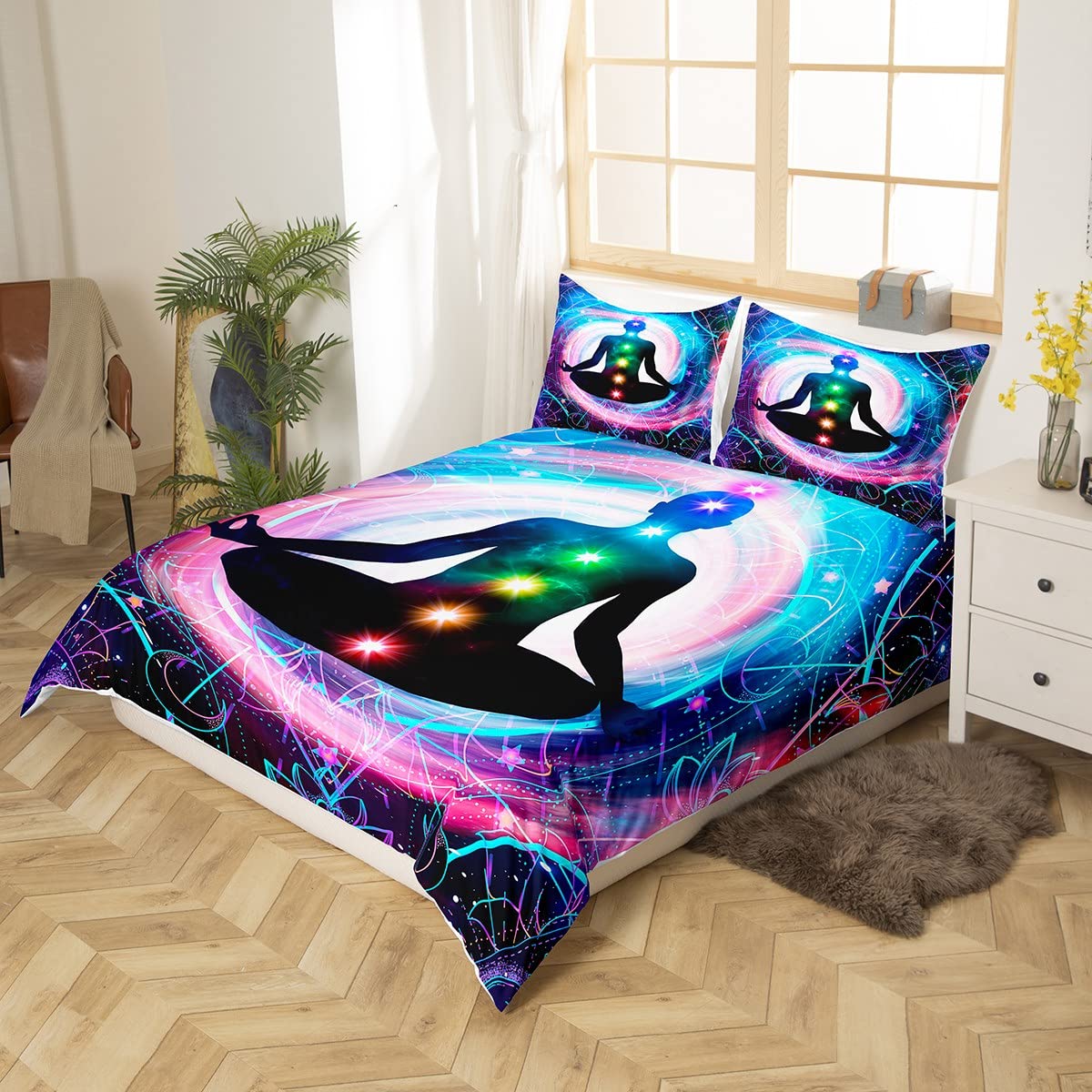 Zestaw pościeli do medytacji jogi, motyw księżyca, geometryczne linie, zestaw pościeli 200 x 200 cm, dla dzieci, chłopców, dziewcząt, nastolatków, 3 szt., zamek błyskawiczny z mikrofibry