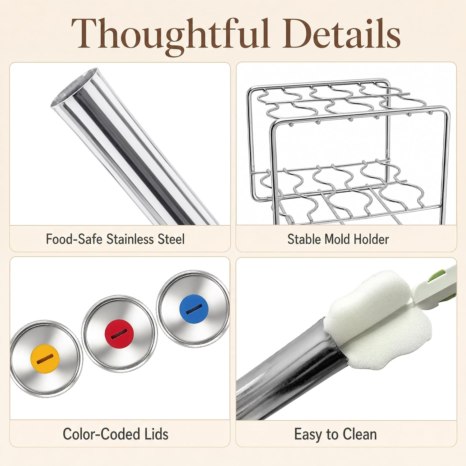 Set of 6 Stainless Steel Popsicle Mold, Reusable Round Ice Pop Molds with Individual Lids, Metal Holder, 60 Wooden Sticks, 20 Clear Bags, Cleaning Brush for Homemade Ice Cream and Frozen Treats