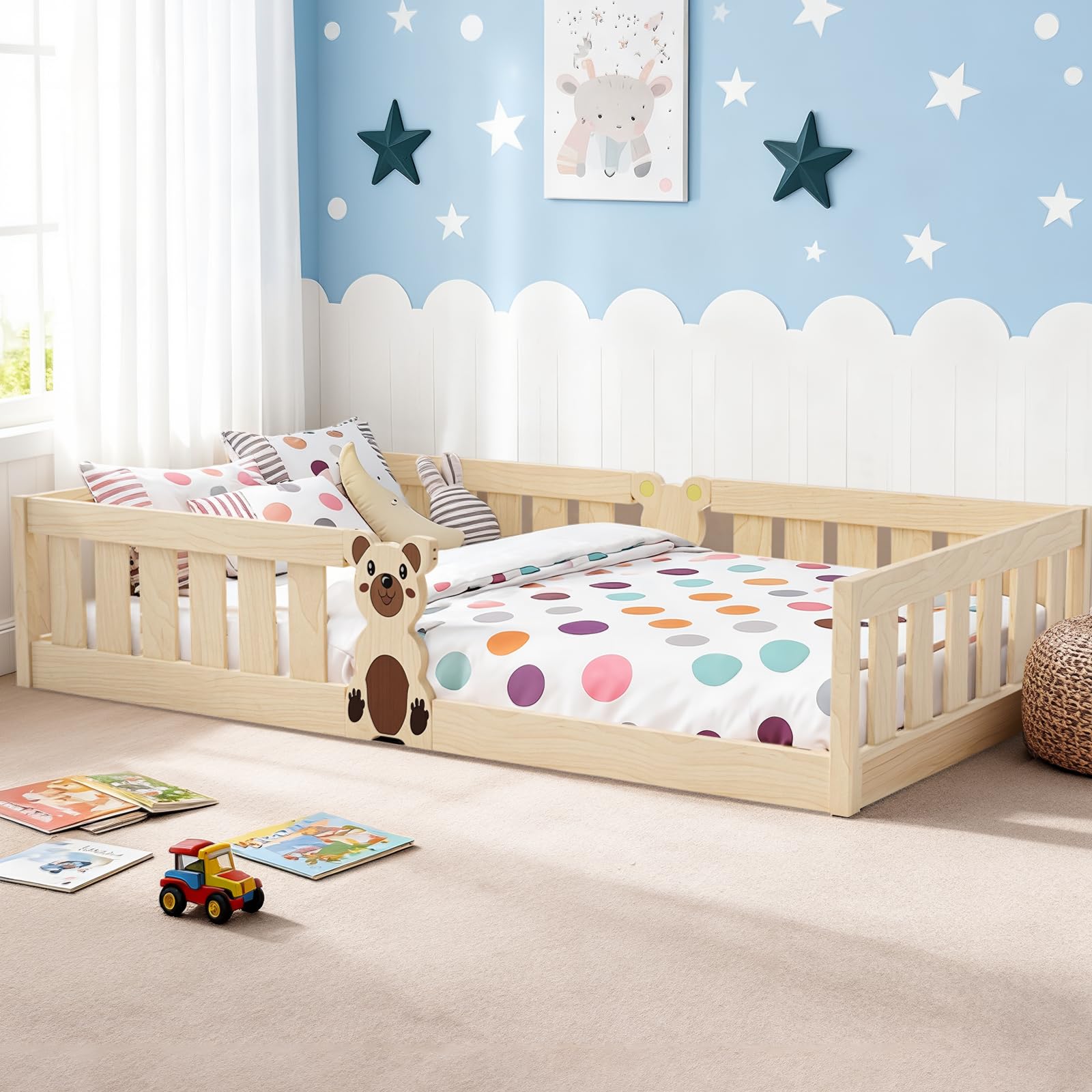 Kinderbett 95x200 cm Bodenbett, Rausfallschutz abnehmbar, bis 200 kg belastbar, Roll-Lattenrost, Montessori Kiefer Massivholz Bett
