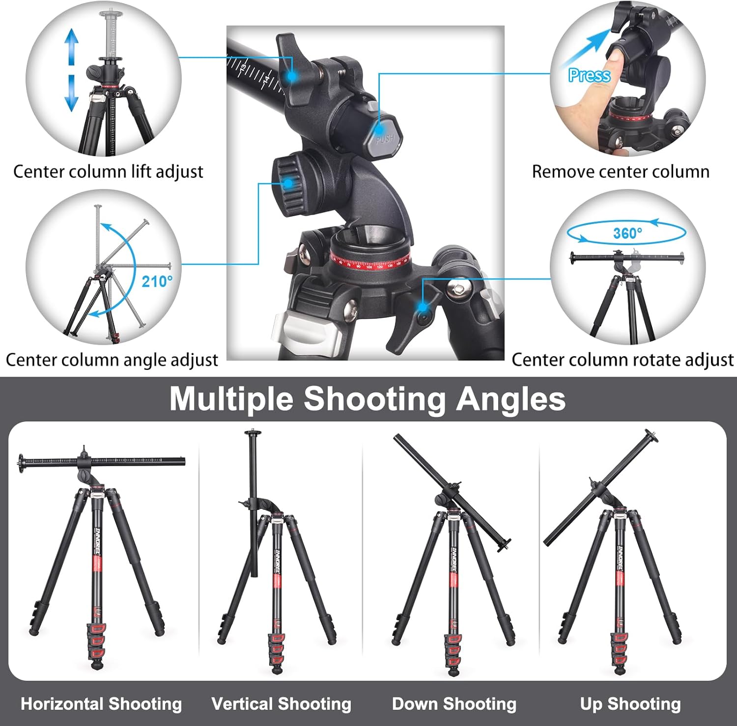 Aluminum Alloy Horizontal Tripod INNOREL YT284A with Rotatable Multi-Angle Center Column,29mm Tube Professional Camera Tripod Monopod for Digital DSLR Video Camcorder Overhead Shooting Load 20kg