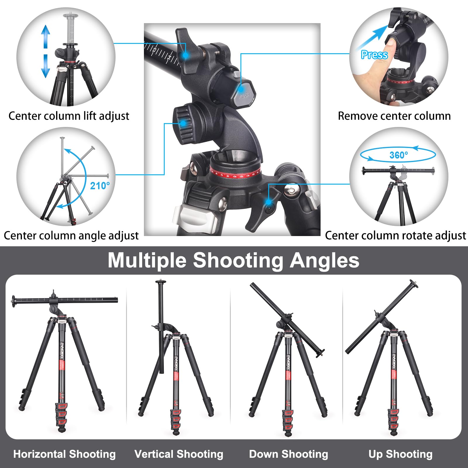Trípode Horizontal INNOREL YT284A con Columna Central Multi-Angulo Giratoria,Tubo de 29mm Monopié Trípode Profesional para Cámara Digital DSLR Vídeo Videocámara sobre la Cabeza Carga 20kg