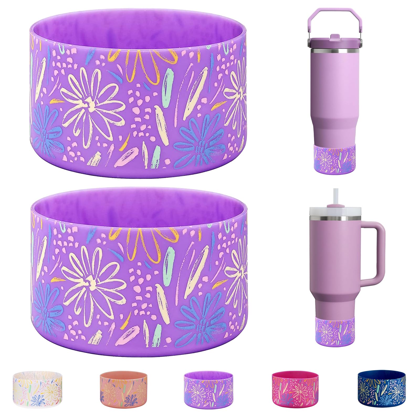WK IEASON 2 Pcs Tumbler Bottom Protector Flask Silicone Boot for Stanley Quencher Adventure 40oz & Stanley IceFlow 20oz 30oz, Compatible with Hydro Flask Wide Mouth 12oz 21oz 24oz(Flower Lilac ×2)