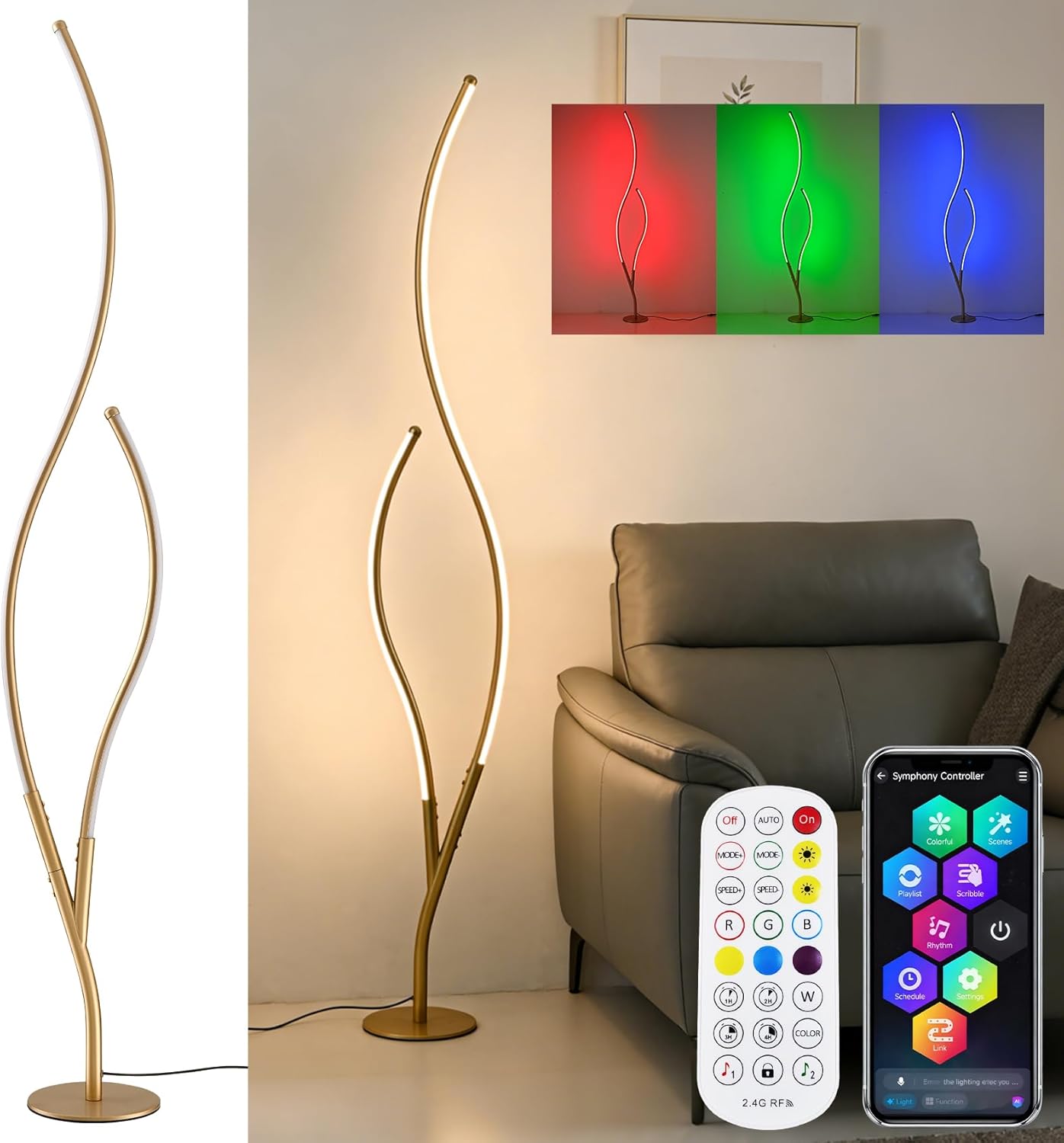 DAYCENT RGBWIC Floor Lamp Modern LED Corner Lamps 1500 Lumen Smart Floor Lamps with Remote and 16 Million DIY Colors, Music Sync Standing Lamp for Living Room Bedroom Home Decor, Gold Finish