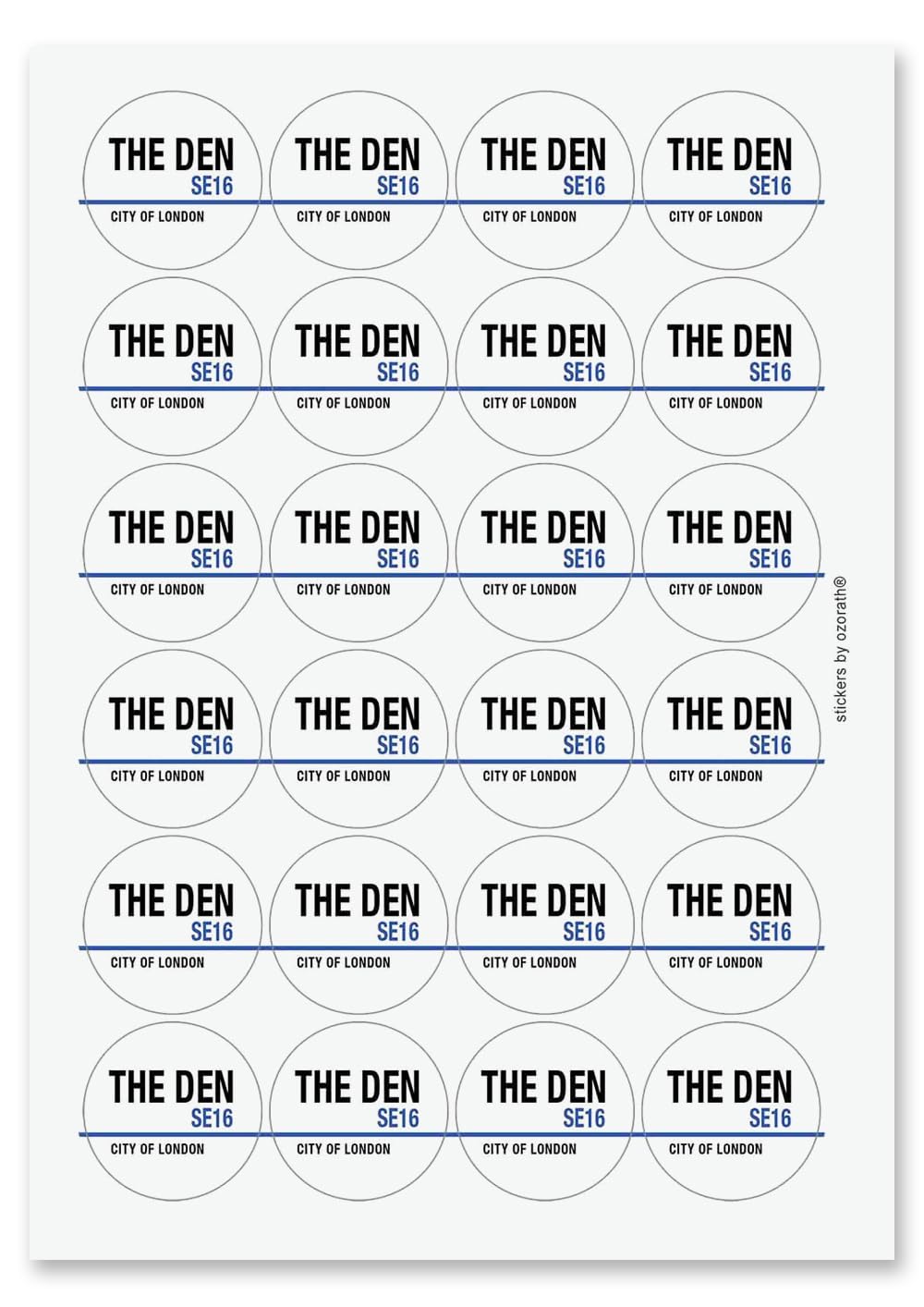 The Den Millwall London SE17 Road Sign Circular Matt Paper Stickers A4 Sheet of 24 (Each Sticker is 45mm Diameter)