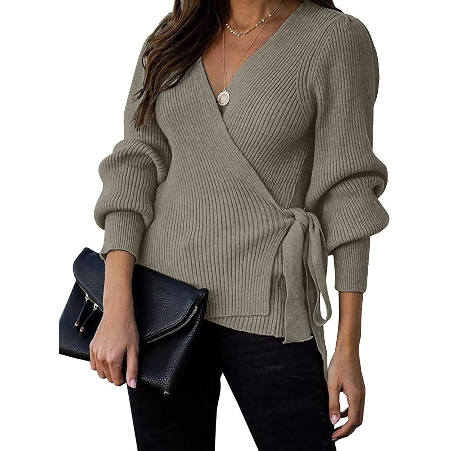 Womens Fall Wrap V Neck Long Batwing Lantern Sleeve Pullover Belted Waist Tie Knot Ribbed Knitted Tunic Jumper