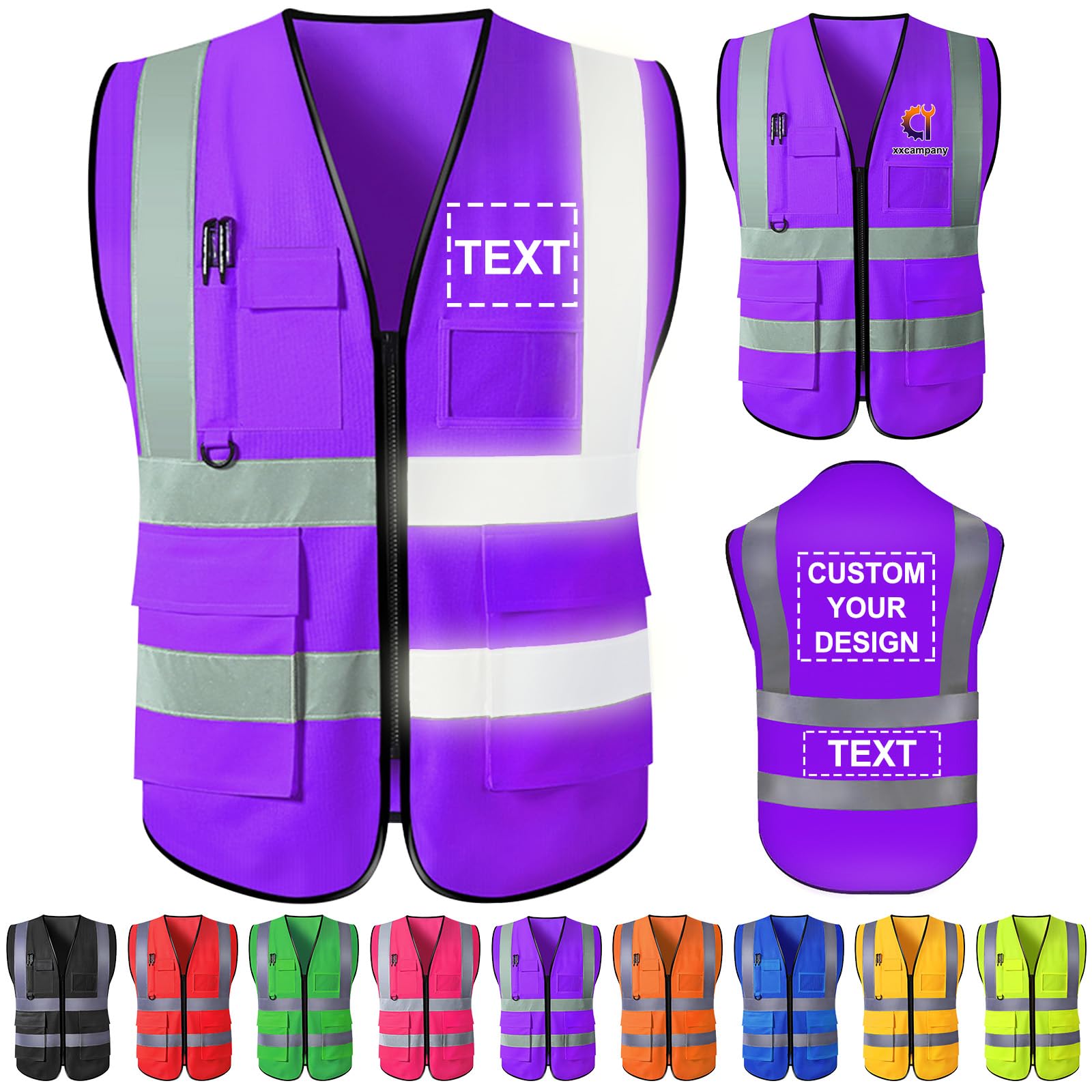 Custom Safety Vest with Logo High Visibility Reflective Vests Pockets Zipper Personalised Class 2 Construction Workwear Men Women