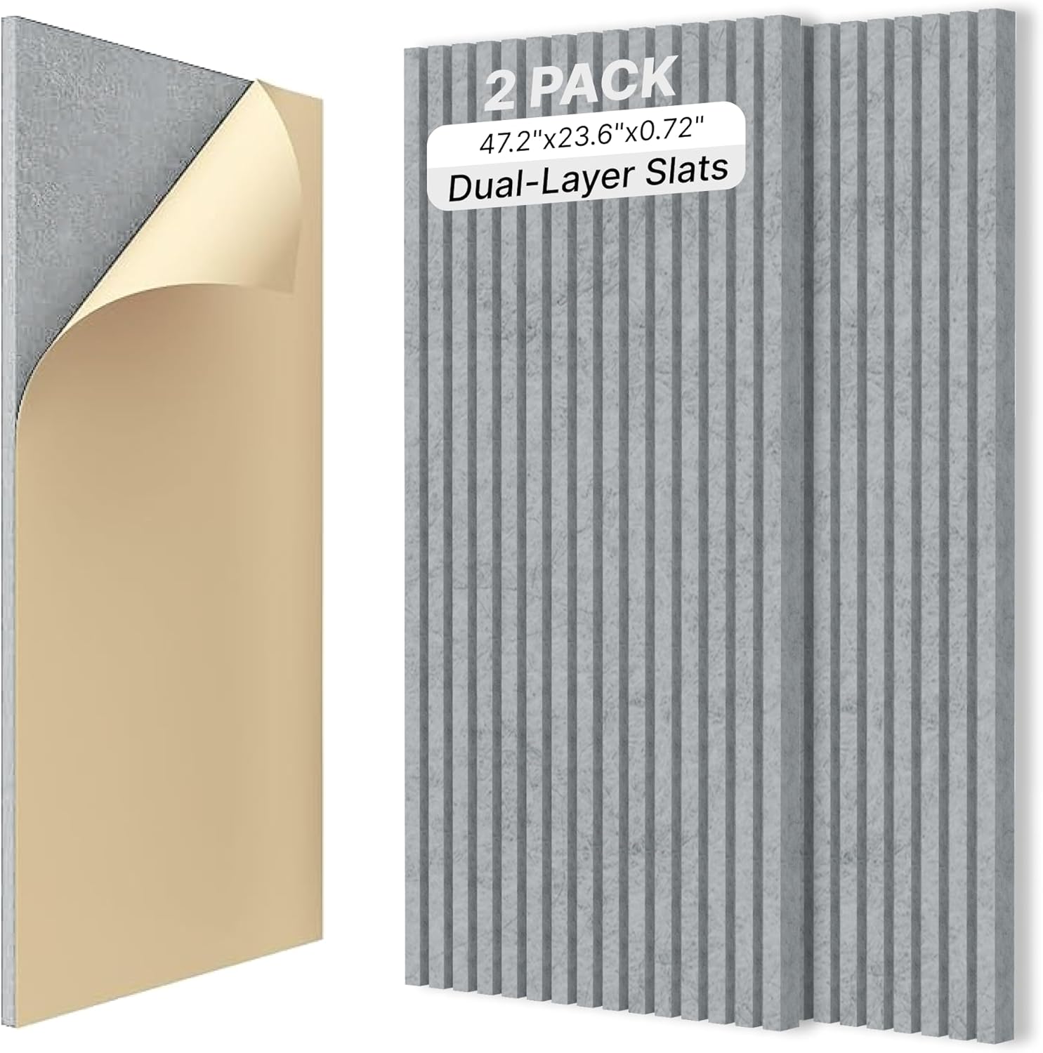 2-Pack Dual-layer Thickened Acoustic Wall Panels Self-adhesive, 47"x23.6"x0.72" High Density Large Soundproof Panels for Walls, Peel and Stick Panel, Interior Wall Decor, Light Grey