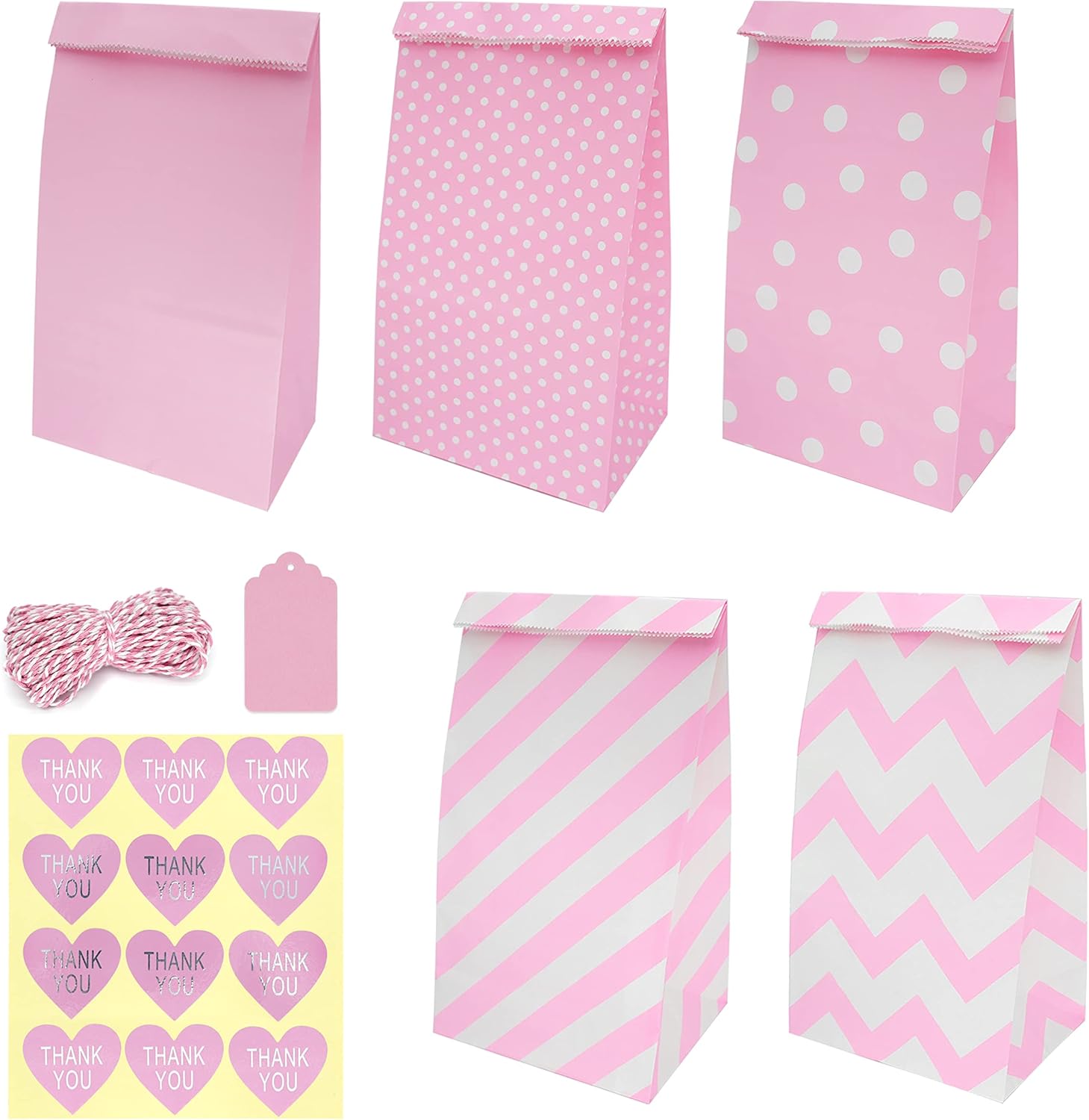 SMINTINE 30Pack Pink Gift Bags with Thank You Stickers