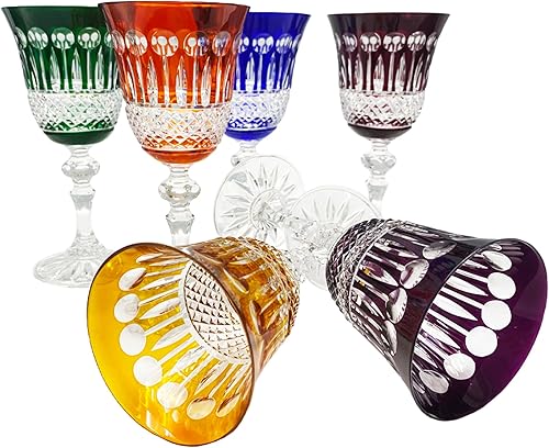 KLEIN 54120 BACCARAT FRANCE 6 Red/White Wine Water Crystal Glasses - 6 Colors Assortments - Roemer Service Diamant (22cl) - Klein House - Company :