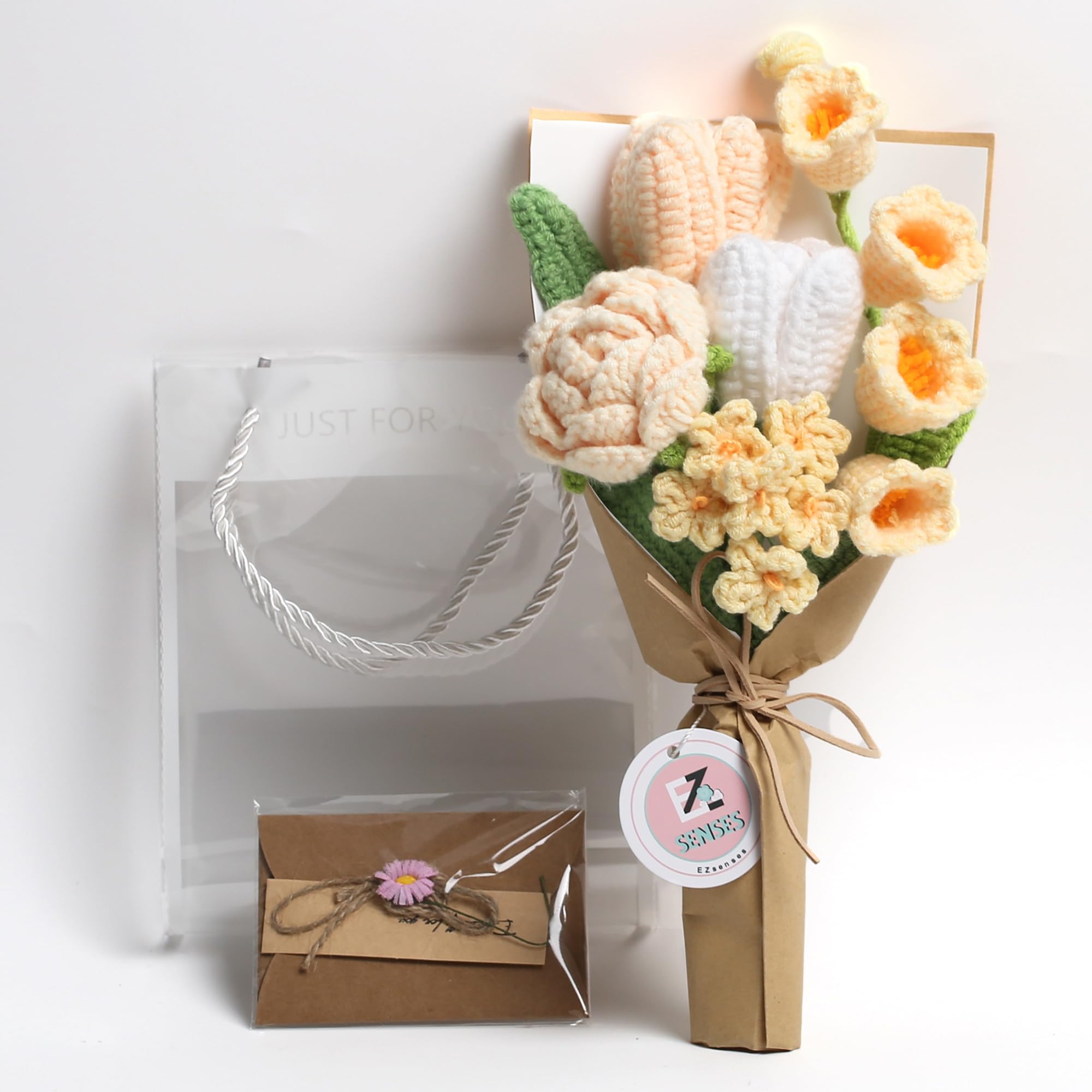 Crochet Flower Bouquet With Greeting Card And Gift Bag, Handmade Artificial Knitted Rose And Tulip in Sunny Yellow, Warm Faux Flowers Bouquet For Mother's Day, Wedding,Birthdays, Valentine's Day