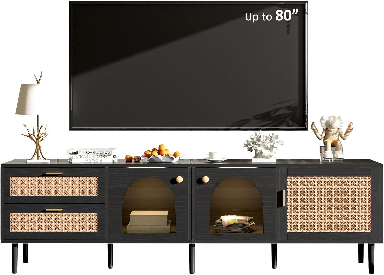 Merax Rattan TV Stand with LED Lights, 70" Entertainment