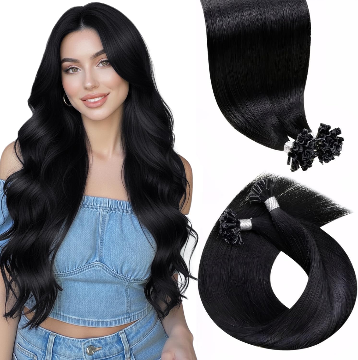 Totale 100g Extension Capelli Veri Cheratina Nero Jet 50cm con 55cm