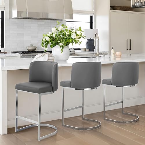 Counter Height Bar Stools Set of 3, Modern 26" Counter Stools with Back & C-Shaped Metal Frame, Upholstered Faux Leather Bar Chairs Island Stools for Kitchen Counter, Home Bar, Pub, Gray