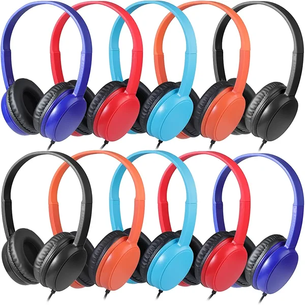Waneni Classroom Headphones Bulk 10 Pack Mutli Colors for School Kids, Class Sets Headsets for Students (Durable,Leather Earcup, Noise Reducing, Comfortable, Easy-to-Clean)