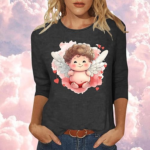 Miniatura 2 de Camisetas para el día de San Valentín para mujer, lindas camisetas gráficas de ángel bebé, ajuste holgado, manga 34, cuello redondo, camisetas