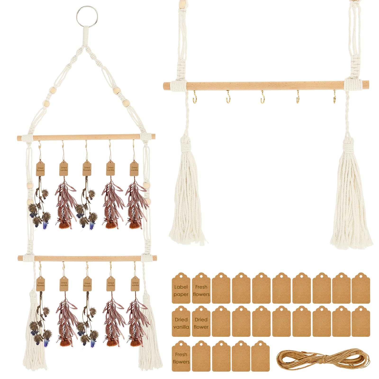 Ghshanog 2Tier Herb Drying Rack,Hanging Herb Dryer Rack with 25Pcs Brown Tags,Decorative Handcrafted Woven Hanging Hanger with 10m Jutes Twines for Herbs Plants Vanilla Spices Flowers Towels Ties