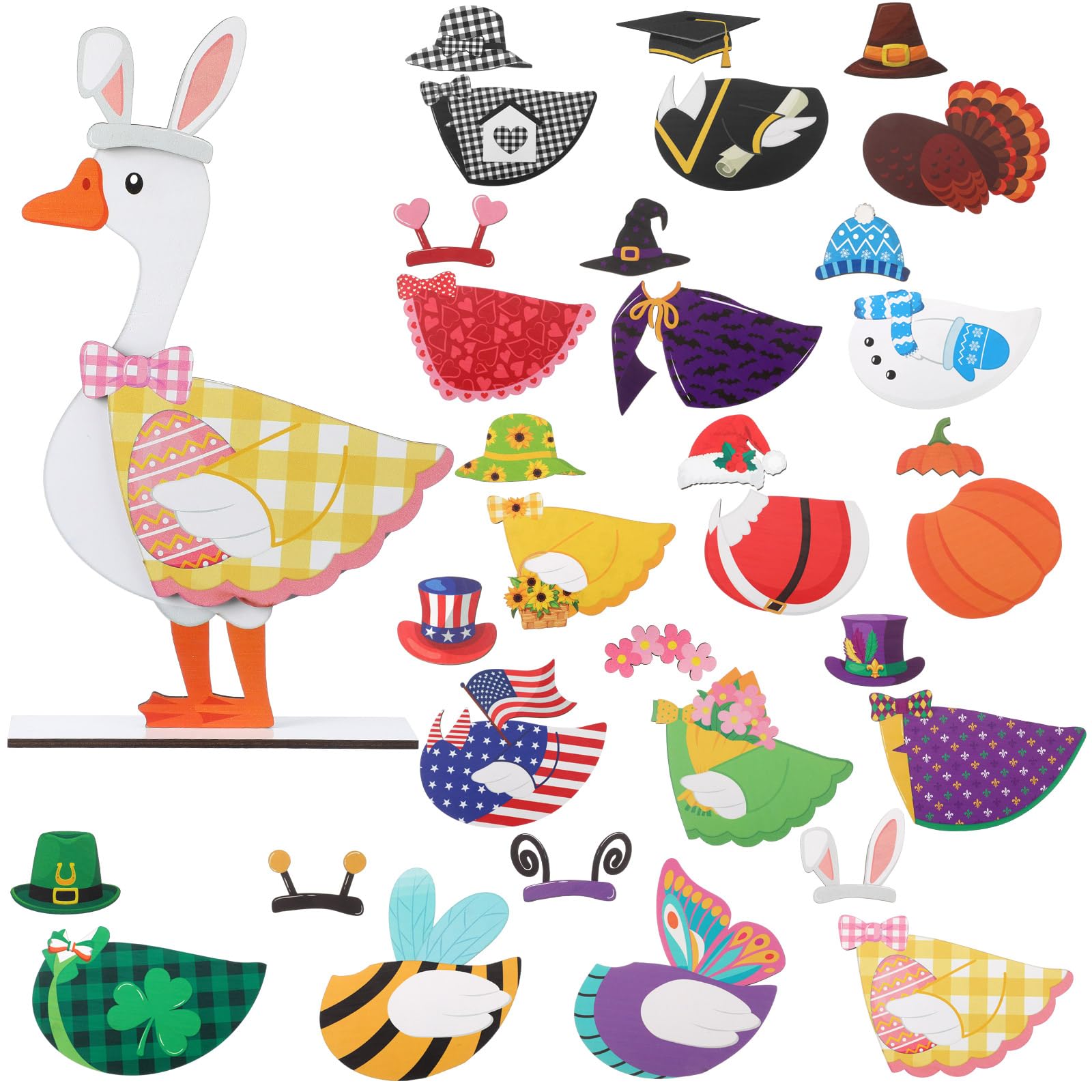 GlikCeil 35 Pcs Holiday Interchangeable Wooden Goose Decor with Magnet Patriotic Independence Day Goose Sign DIY Spring Season 4th of July Decorations